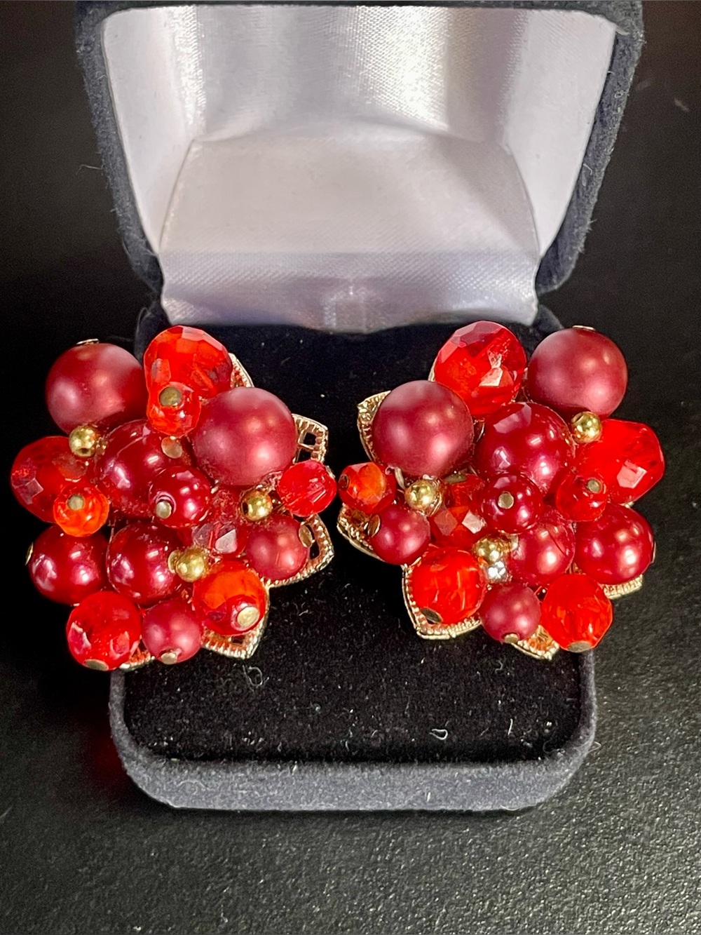 Vintage 1940s/50s Crown Trifari Cranberry Red Bead Cluster Clip-On Earrings